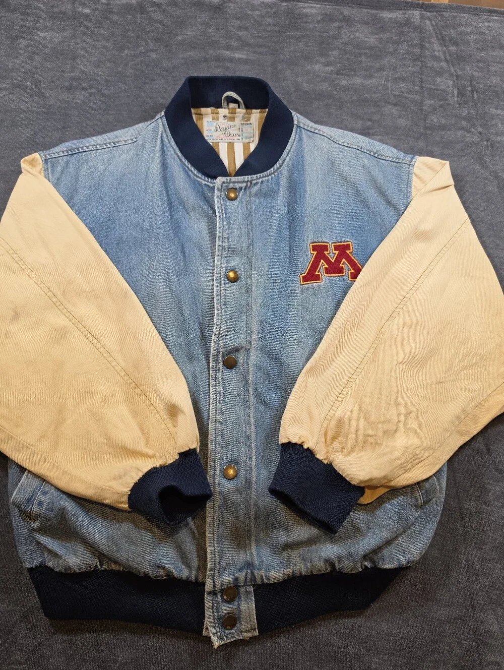 Vintage 90s University of Minnesota Golden Gophers Denim Varsity Bomber Jacket